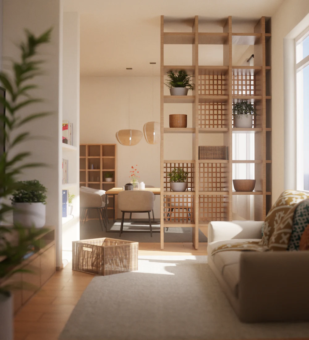 Living luminos cu rafturi din lemn